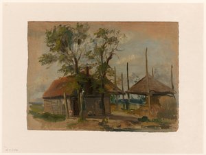Boerenhuis met twee hooibergen door Jan Weissenbruch