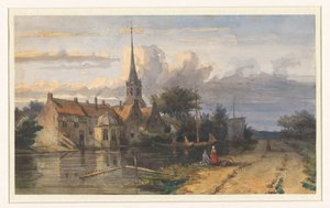 Gezicht op een dorp aan een vaart door Jan Weissenbruch