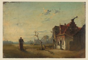 Landschap met boerenhuis en waterpomp door Jan Weissenbruch