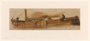 Lange schuit met schipper door Jan Weissenbruch