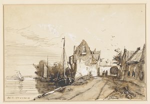 Stadje aan een rivier door Jan Weissenbruch