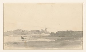 Weidelandschap met hooiwagen en windmolen door Jan Weissenbruch
