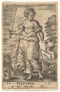Gerechtigheid, een allegorisch figuur met een weegschaal in haar linkerhand en een zwaard in haar rechterhand, 1579