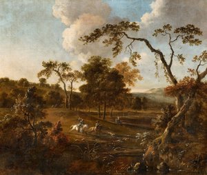 Landschap met glooiende heuvels en een hertenjacht door Jan Wijnants