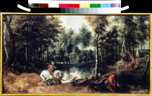 Ruiters in een bos door Jan Wildens