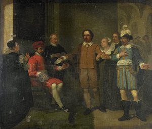 Jacob Simonsz de Rijk krijgt de Spaanse Gouverneur-Generaal Requesens zover om Marnix van Sint Aldegonde vrij te laten, 1575 door Jan Willem Pieneman