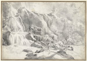 Gezicht op de waterval bij Tivoli met een tekenaar door Jan Worst (attributed to)