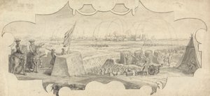 Een officier op een wal die het bombardement van een verre stad leidt door Jan Wyck