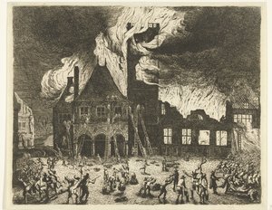 Het oude stadhuis van Amsterdam in brand door Jan de Baen