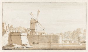Gezicht op de molen van Rembrandt, de wallen bij de Morspoort en het Pelikaansbolwerk