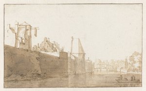 Gezicht op de stadsmuur van Leiden