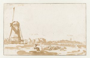 Gezicht op een molen vanaf de Rijnoever door Jan de Bisschop