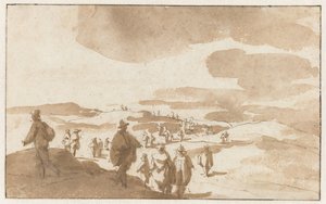 Mensen in de duinen te Scheveningen door Jan de Bisschop