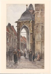 Kerkgangers buiten een kerk door Jan de Jong