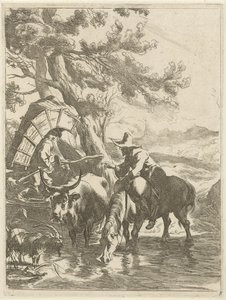 Herder en bepakte jongen bij een beek