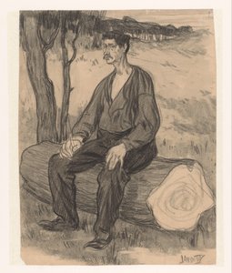 Man zittend op boomstam door Jan de Waardt (signed by artist)