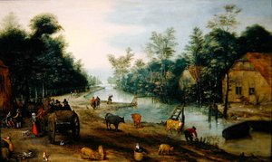 Een bebost rivierlandschap in de zomer met reizigers die bij een herberg aankomen