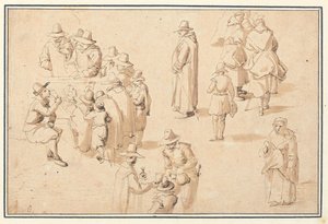 Een fontein in Spa met studies van elegante figuren die het water nemen en van twee monniken en een priester