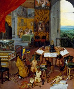 Detail gehoor met muziekinstrumenten (cello, viool, luit, fluit, klavecimbel).