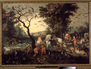 Ingang in de ark Dieren gaan de ark van Noach binnen voor de zondvloed. Schilderij door Jan Breugel de Oude genaamd Bruegel de Fluwelen door Jan the Elder Brueghel