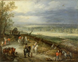 Uitgestrekt landschap met reizigers op een landweg, ca. 1608-10 (olieverf op koper)