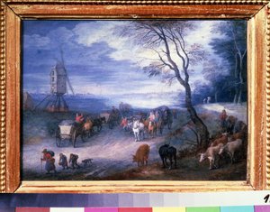 Landschap met een windmolen door Jan the Elder Brueghel