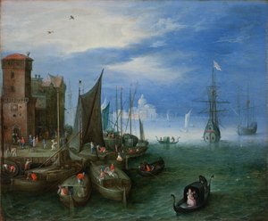 Havengezicht in Venetië door Jan the Elder Brueghel