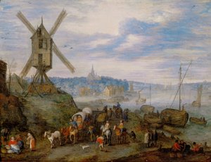Zeehaven met windmolen ...