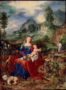 De Heilige Familie met dieren die door een boek bladeren, en het kind Jezus vasthouden, omringd door een hond, vos, vogels, krab, uil, papegaai; kikker, slak en iris. Schilderij door Jan Breugel de Oude, bekend als Bruegel de Fluweel