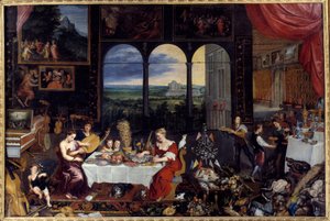 De smaak, het gehoor en de tast. Allegorie van de vijf zintuigen