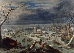 Een Winterlandschap met Schaatsers op een Bevroren Waterweg bij een Dorp, een Jager op de Voorgrond, Antwerpen op de Achtergrond door Jan the Elder Griffier