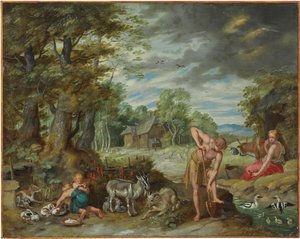 Adam aan het werk in een veld, uit Het verhaal van Adam en Eva door Jan Brueghel the Younger