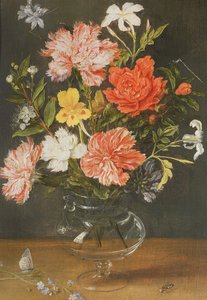 Stilleven van anjers en andere bloemen