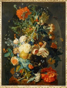 Vaas met bloemen in een nis ... door Jan van (follower of) Huysum