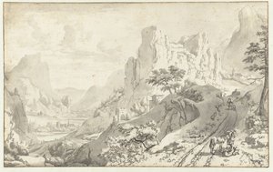 Berglandschap met reizigers op een weg door Jan van Aken