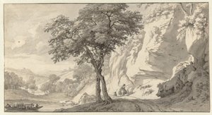 Berglandschap met een veerboot door Jan van Aken