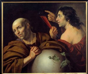 Heraclitus en Democritus De Griekse filosofen Heraclitus van Ephese (Heraclitus) (535-475 v.Chr.) en Democritus (Democritus) (460-370 v.Chr.). Schilderij door Jan van Bijlert (1597-1671) 17e eeuw Utrecht. Centraal Museum