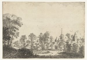 Landschap met gezicht op dorp en man in boot