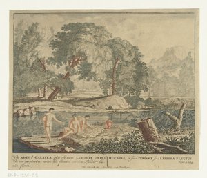 Drie nimfen baden in een meertje. Scènes uit Vergilius dichtbundel Bucolica (serietitel) door Jan van Call (I)