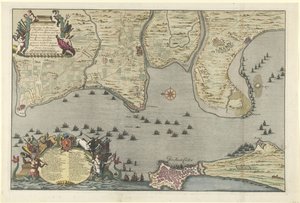 Kaart van de landing en expeditie van de Geallieerden bij Cadiz, 1702 door Jan van Call (I)