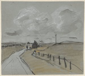 Gezicht langs een weg met hoge bermen en hekjes door Jan van Essen