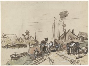 Het lossen van karren bij een vaart door Jan van Essen