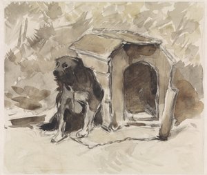 Hond, aangelijnd zittend voor zijn hok