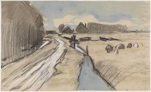 Landschap met een weg langs een sloot door Jan van Essen