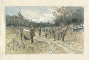 Landschap met groep jagers na de jacht op de Leusderhei