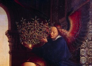 Een engel kroont de Maagd. Detail van De Maagd van Kanselier Rolin