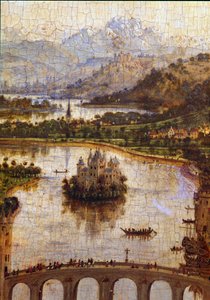 Landschap (detail) van “De Maagd van Kanselier Rolin” Nicolas Rolin (1376-1461) was kanselier van Bourgondië onder Filips de Goede en oprichter van de Hospices de Beaune in 1443. Schilderij door Jan van Eyck (1390-1441) door Jan van Eyck
