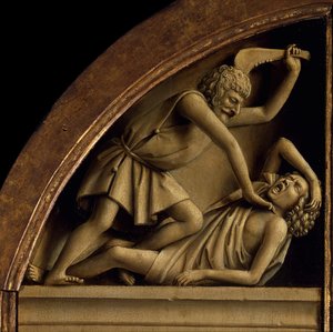 Het Lam Gods. Aanbidding van het Mystieke Lam: Kaïn doodt Abel, 1432 door Jan van Eyck