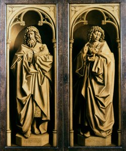 Het Lam Gods. Aanbidding van het Mystieke Lam: Johannes de Doper en Johannes de Evangelist door Jan van Eyck