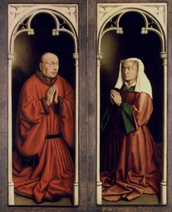 Het Lam Gods. Aanbidding van het mystieke lam: Joos Vijd en Elisabeth Borluut, 1432 door Jan van Eyck